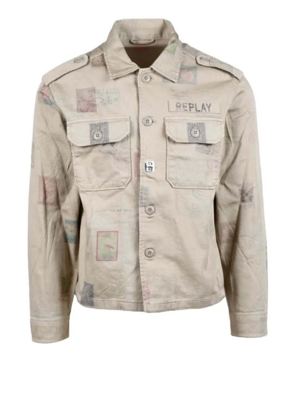 Replay Men's Light Beige Military Field Jacket with Subtle Print